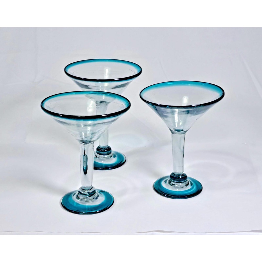 Set of 3 Handblown Mexican Martini Glasses Turquoise Blue Rimmed Barware